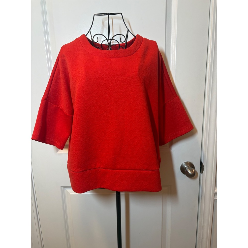 LOFT Red Diamond Quilted Side Zip Short Sleeve Sweatshirt Top - Large
